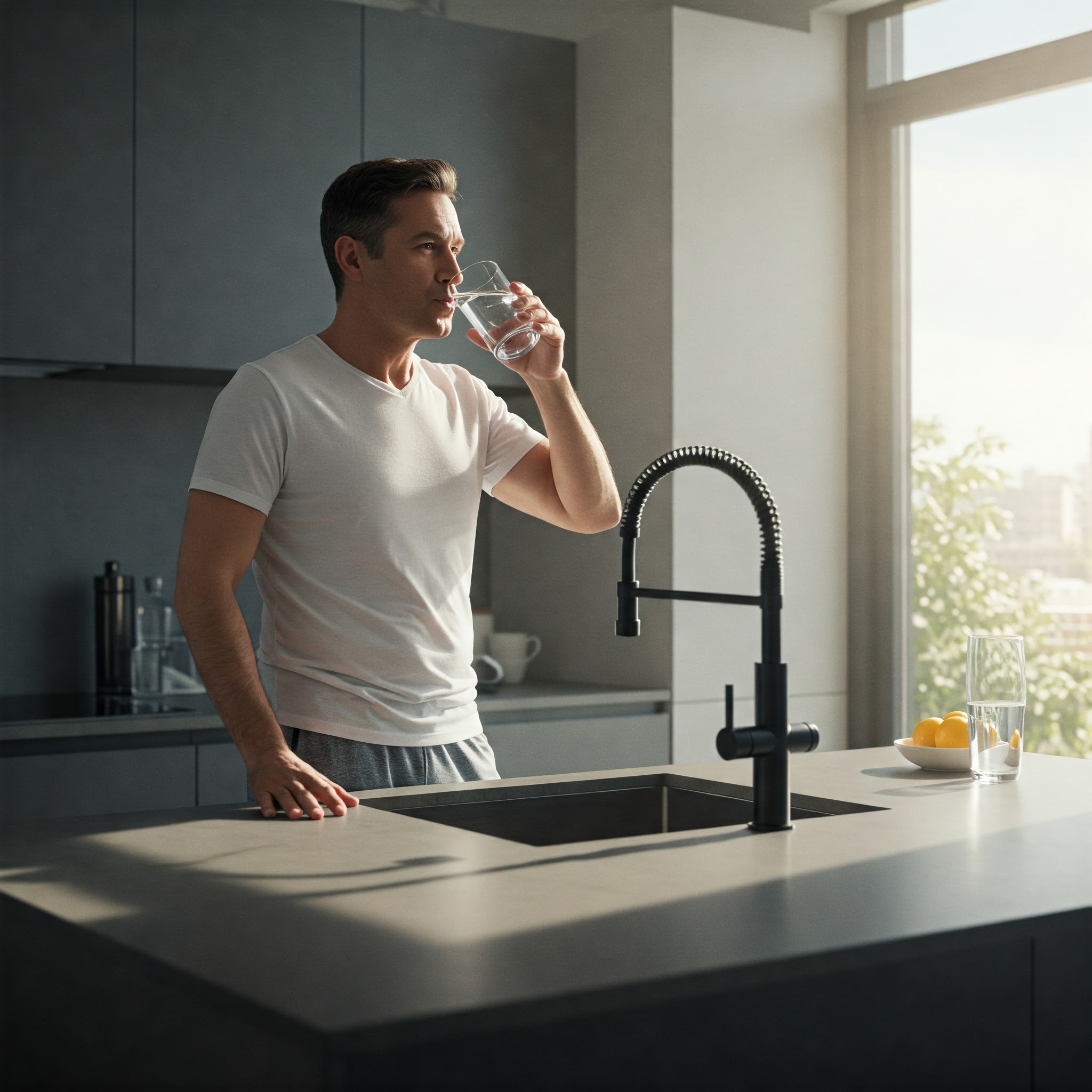 Man drinknig fresh tap water in the kitchen