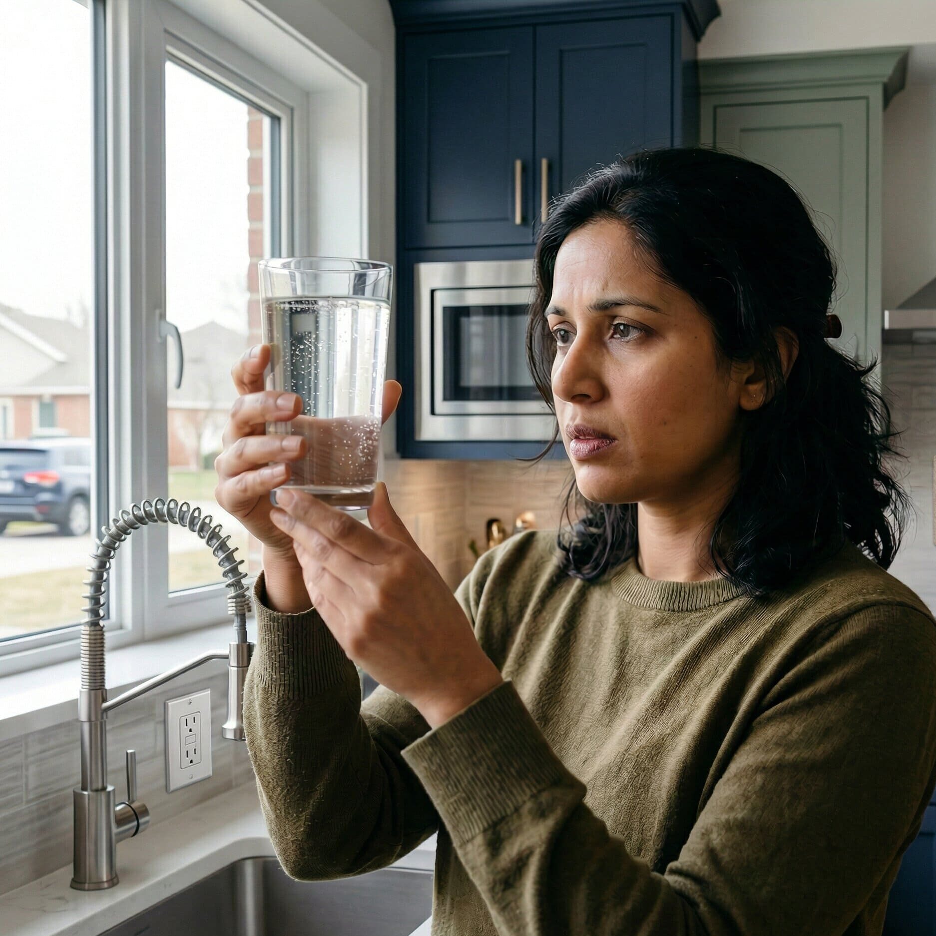 Woman examining a glass of tap water with concern in an American kitchen