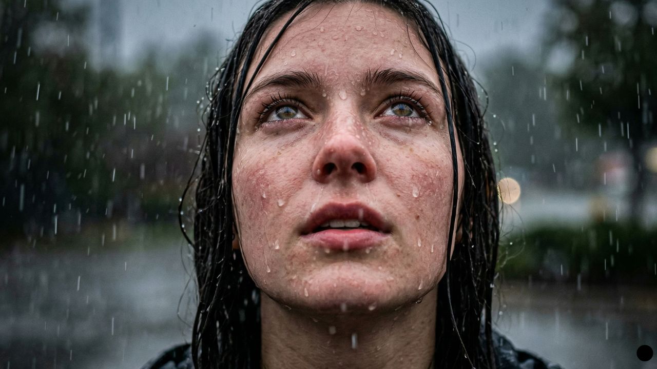 women looking up in the rain